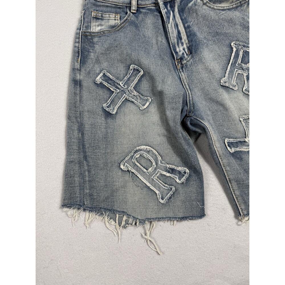Womens Y2K Denim Shorts XR Cross Patch Raw Hem Longline Skater Festival S Grunge - Picture 4 of 15